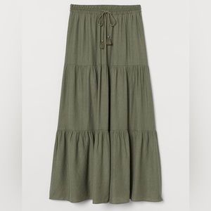 H&M Long Tiered Skirt in Khaki Green